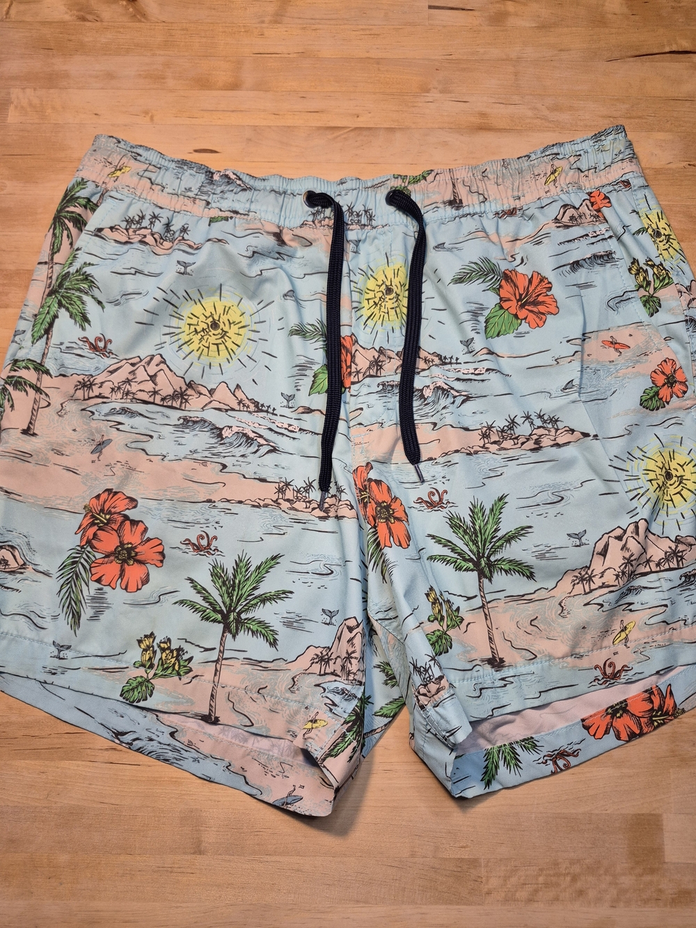 GAP Light Blue Tropical Print Swim Trunks with Orange & Green Accents